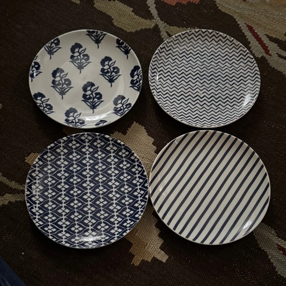 West Elm Blue and White Patterned Ceramic Dinner Plates - Set of 4